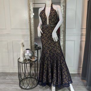 Navy Blue Nude Formal Evening Prom Dress Gown